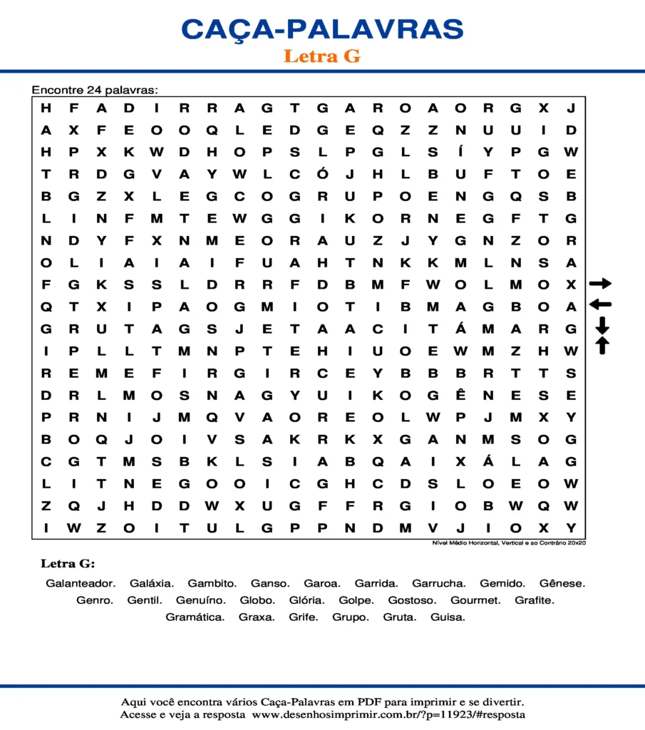 Letra G Nível Médio Horizontal, Vertical e ao Contrário 20x20 caça palavras Caça Palavras da Letra G Nível Médio Horizontal, Vertical e ao Contrário 20x20 para imprimir