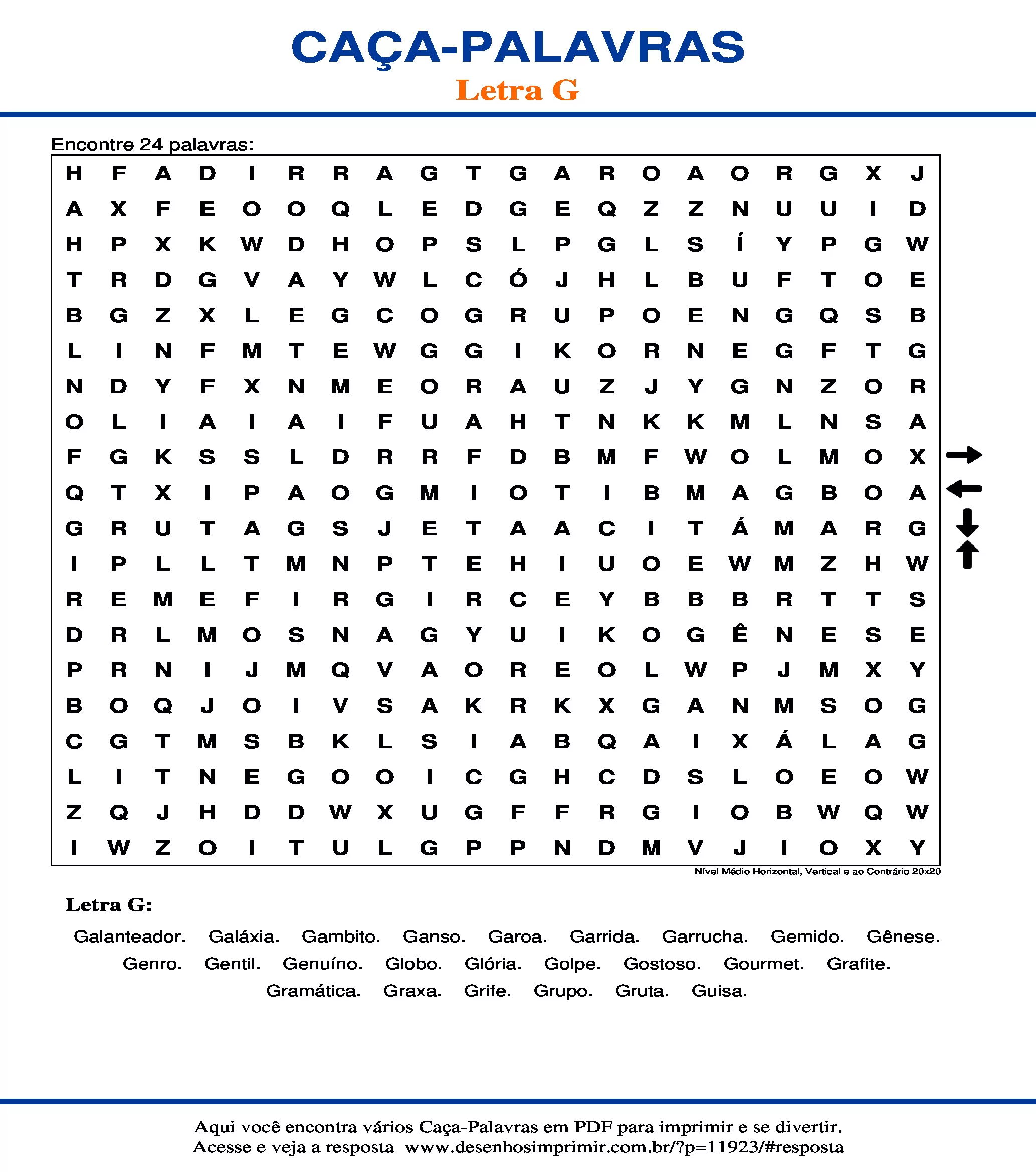 Caça Palavras Nível Médio Horizontal, Vertical e ao Contrário 20x20