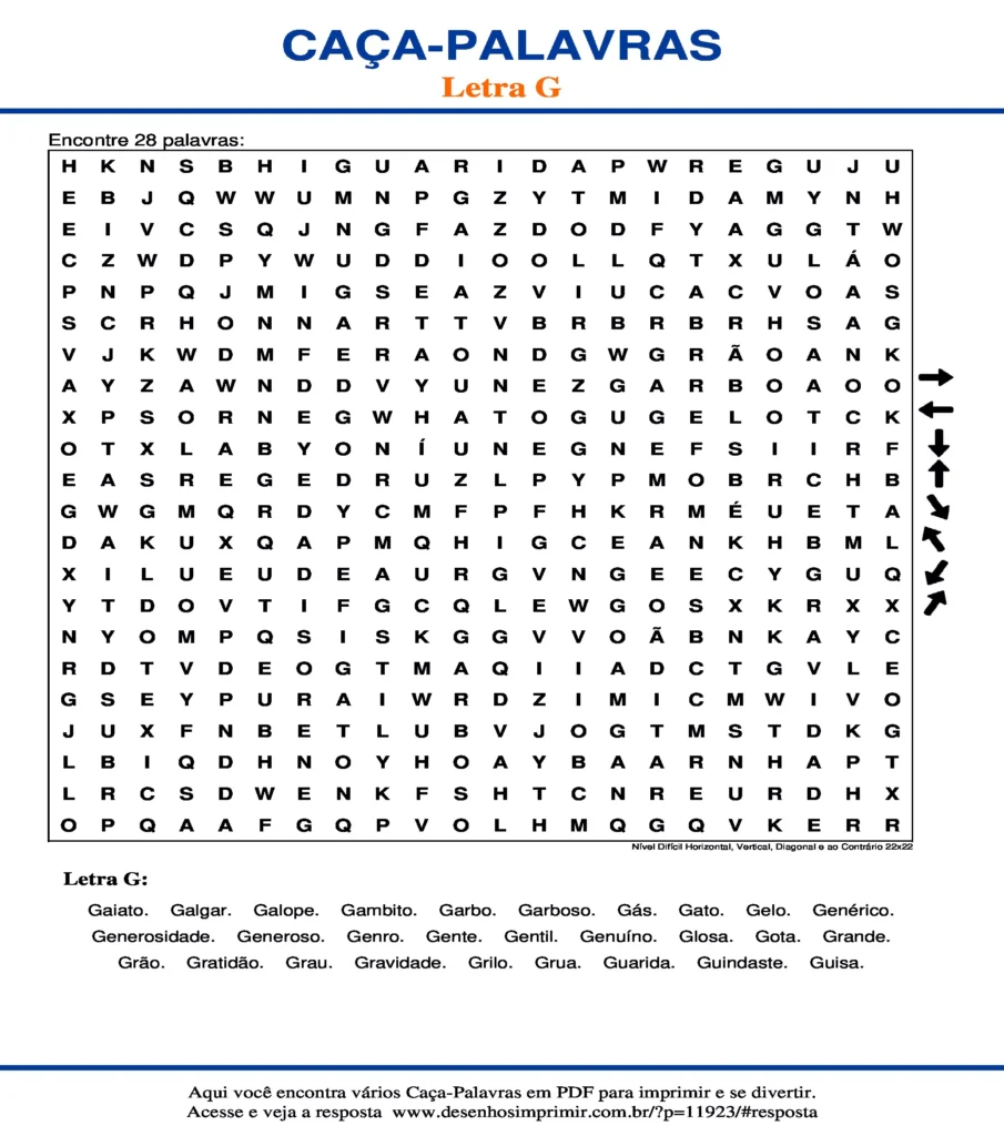Letra G Nível Difícil Horizontal, Vertical, Diagonal e ao Contrário 22x22 caça palavras Caça Palavras da Letra G Nível Difícil Horizontal, Vertical, Diagonal e ao Contrário 22x22 para imprimir