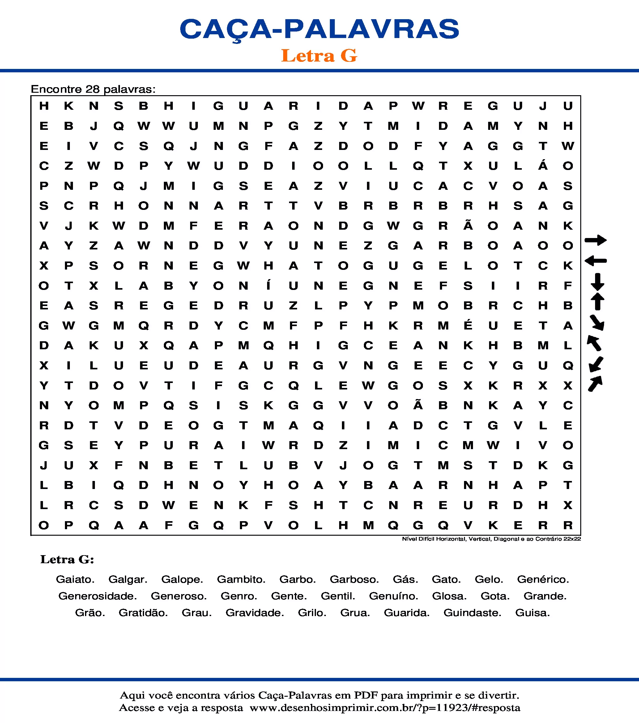 Caça Palavras Nível Difícil Horizontal, Vertical, Diagonal e ao Contrário 22x22