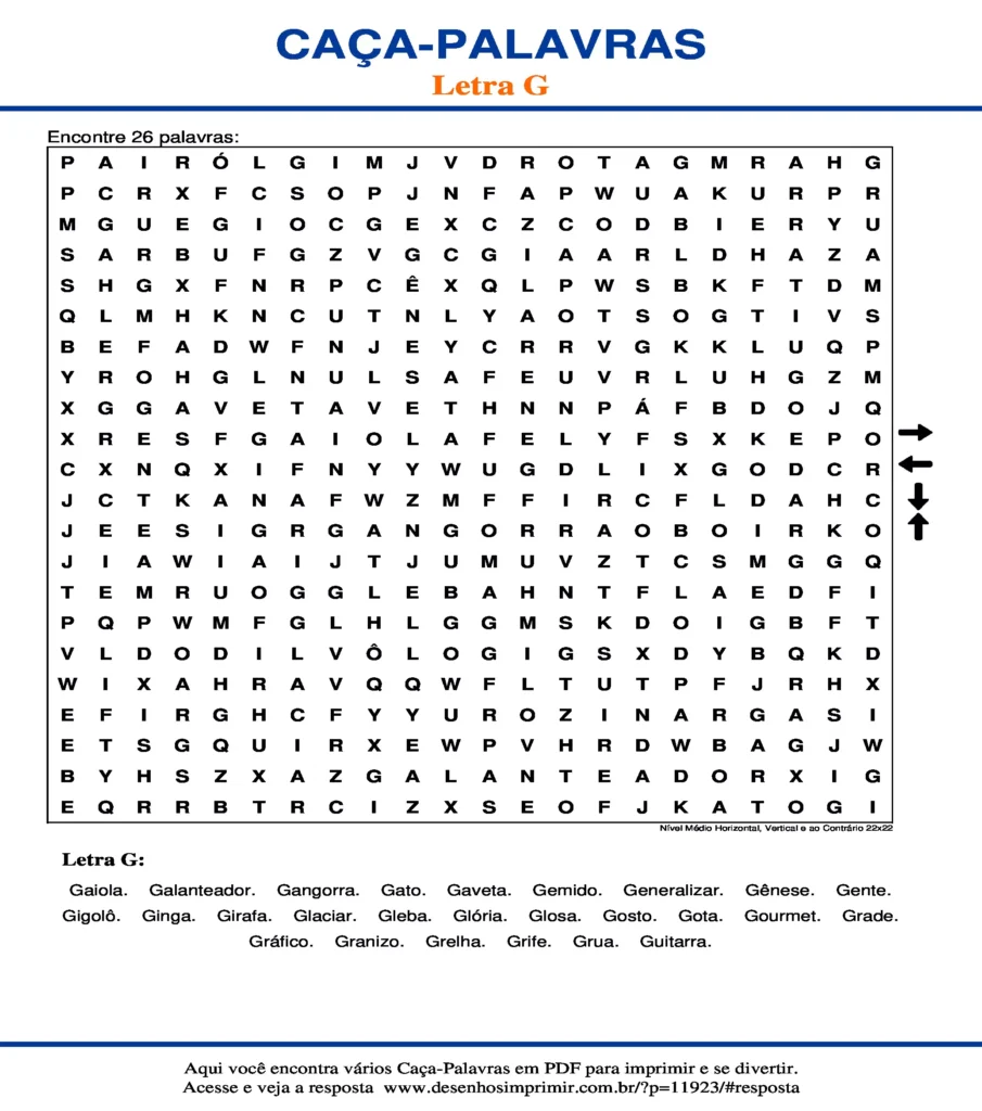 Letra G Nível Médio Horizontal, Vertical e ao Contrário 22x22 caça palavras Caça Palavras da Letra G Nível Médio Horizontal, Vertical e ao Contrário 22x22 para imprimir