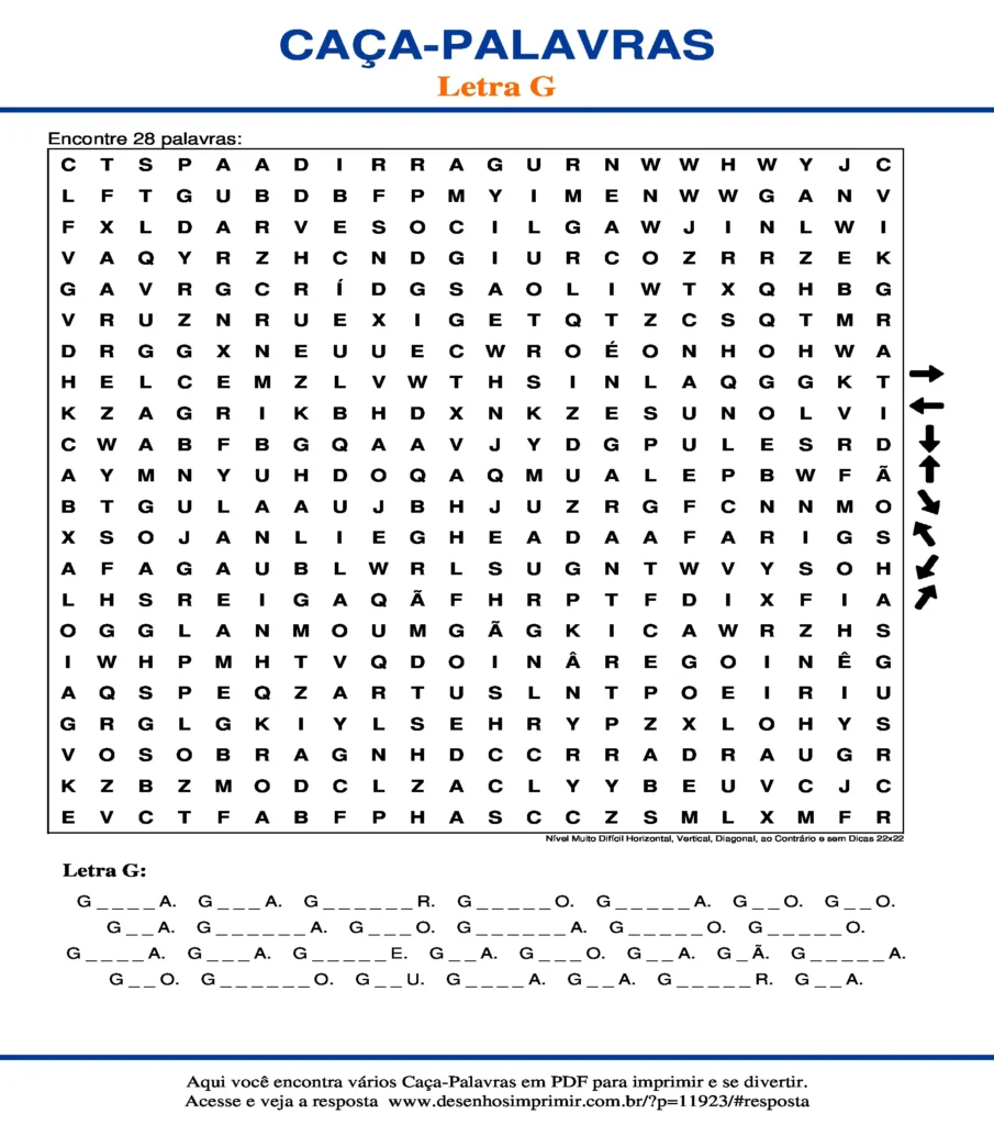 Letra G Nível Muito Difícil Horizontal, Vertical, Diagonal, ao Contrário e sem Dicas 22x22 caça palavras Caça Palavras da Letra G Nível Muito Difícil Horizontal, Vertical, Diagonal, ao Contrário e sem Dicas 22x22 para imprimir