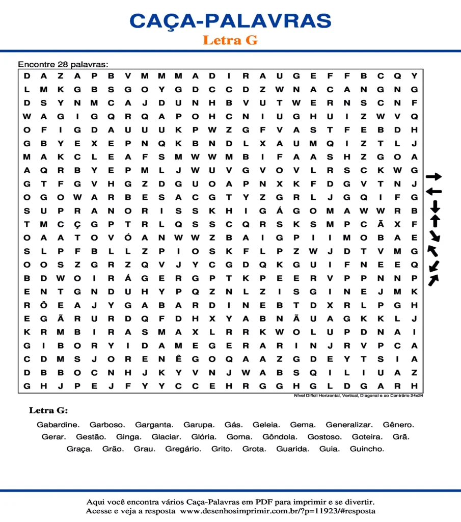 Letra G Nível Difícil Horizontal, Vertical, Diagonal e ao Contrário 24x24 caça palavras Caça Palavras da Letra G Nível Difícil Horizontal, Vertical, Diagonal e ao Contrário 24x24 para imprimir