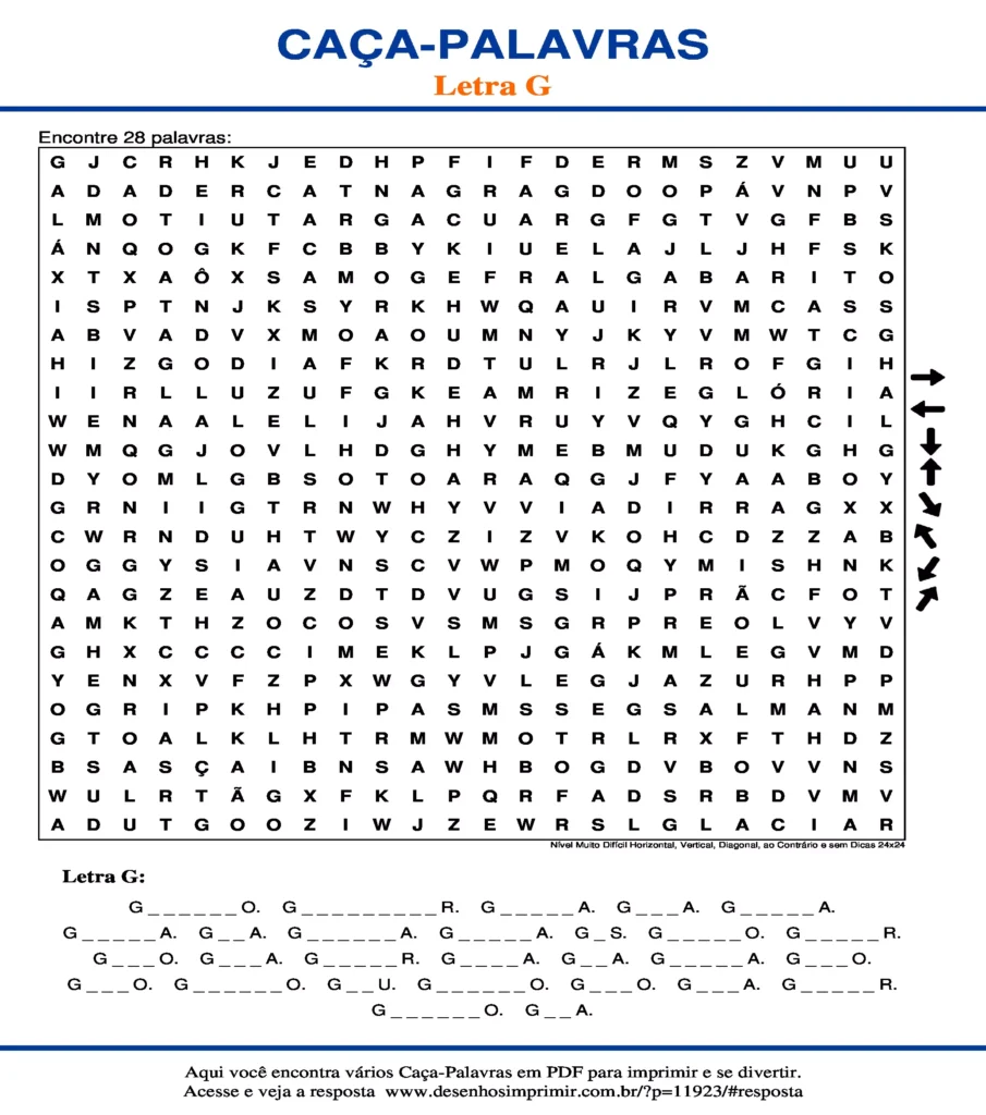 Letra G Nível Muito Difícil Horizontal, Vertical, Diagonal, ao Contrário e sem Dicas 24x24 caça palavras Caça Palavras da Letra G Nível Muito Difícil Horizontal, Vertical, Diagonal, ao Contrário e sem Dicas 24x24 para imprimir