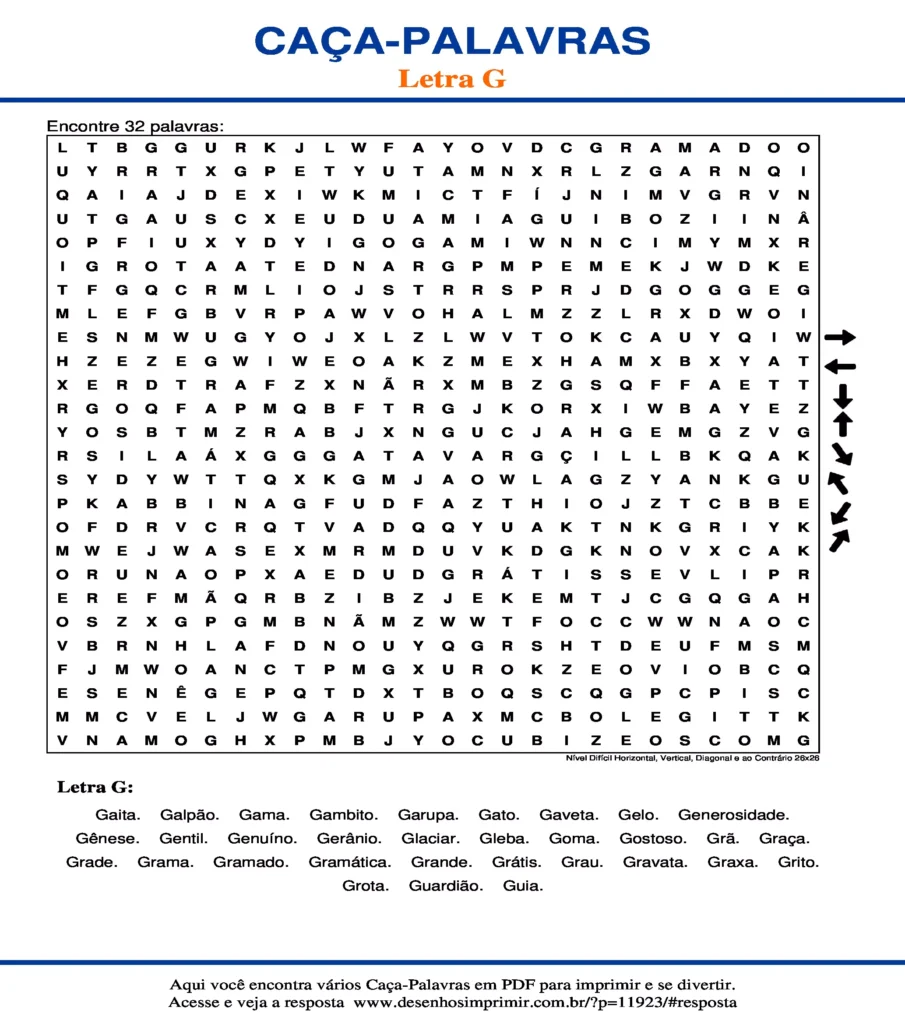 Letra G Nível Difícil Horizontal, Vertical, Diagonal e ao Contrário 26x26 caça palavras Caça Palavras da Letra G Nível Difícil Horizontal, Vertical, Diagonal e ao Contrário 26x26 para imprimir