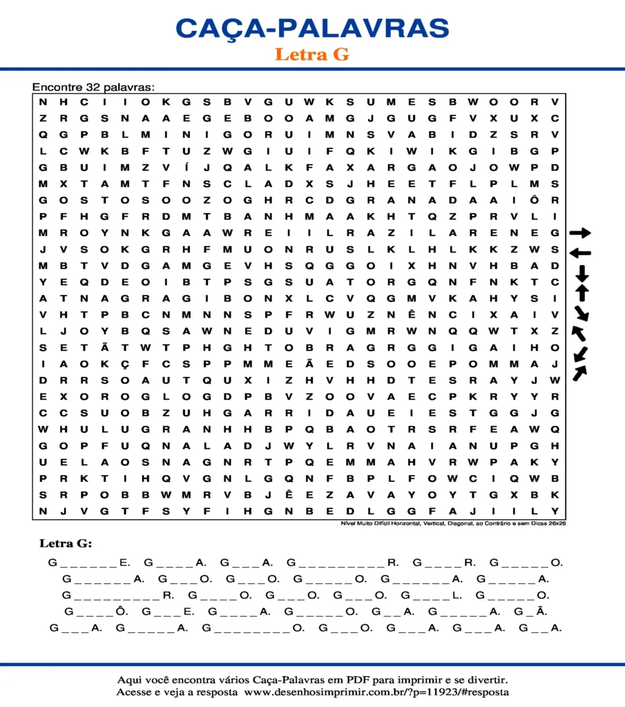 Letra G Nível Muito Difícil Horizontal, Vertical, Diagonal, ao Contrário e sem Dicas 26x26 caça palavras Caça Palavras da Letra G Nível Muito Difícil Horizontal, Vertical, Diagonal, ao Contrário e sem Dicas 26x26 para imprimir