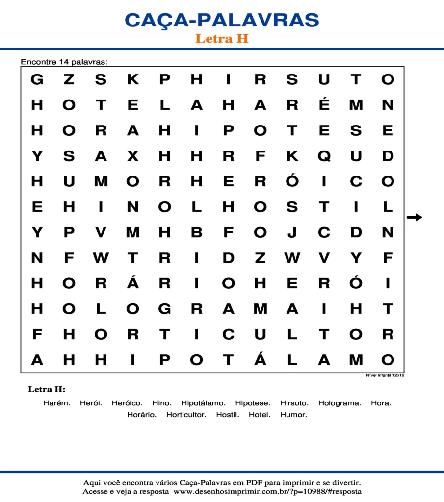 Letra H Nível Infantil 12x12 caça palavras Caça Palavras da Letra H Nível Infantil 12x12 para imprimir