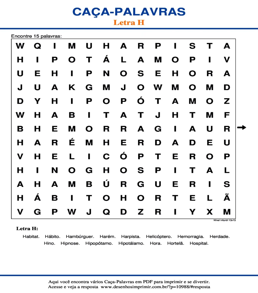 Letra H Nível Infantil 13x13 caça palavras Caça Palavras da Letra H Nível Infantil 13x13 para imprimir