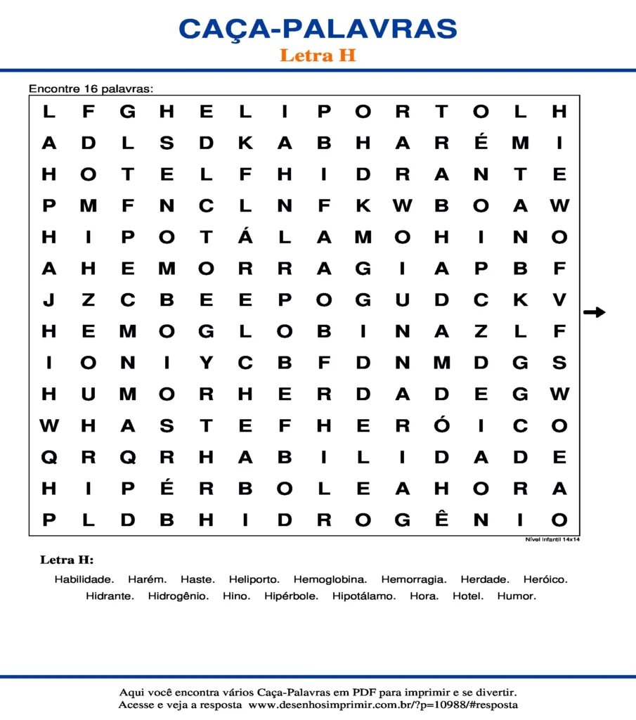 Letra H Nível Infantil 14x14 caça palavras Caça Palavras da Letra H Nível Infantil 14x14 para imprimir