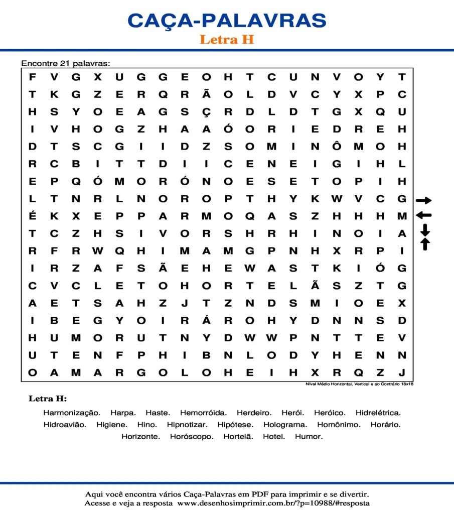 Letra H Nível Médio Horizontal, Vertical e ao Contrário 18x18 caça palavras Caça Palavras da Letra H Nível Médio Horizontal, Vertical e ao Contrário 18x18 para imprimir