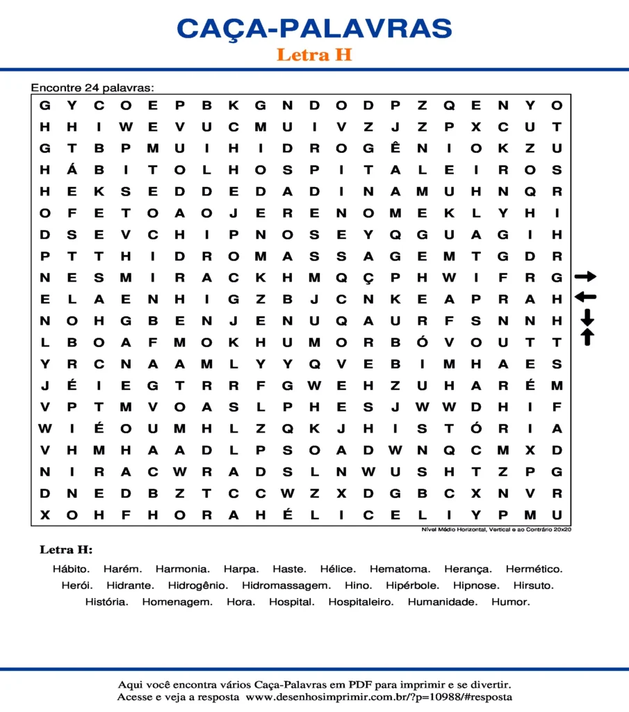 Letra H Nível Médio Horizontal, Vertical e ao Contrário 20x20 caça palavras Caça Palavras da Letra H Nível Médio Horizontal, Vertical e ao Contrário 20x20 para imprimir