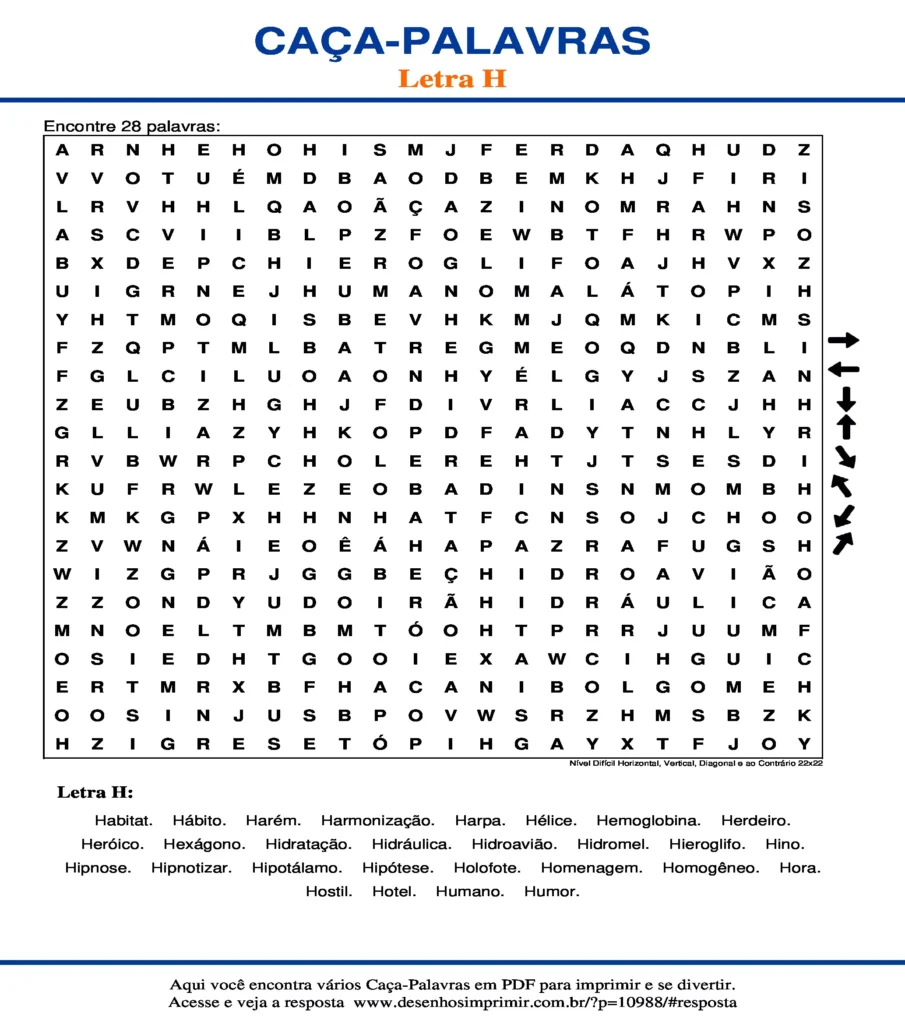 Letra H Nível Difícil Horizontal, Vertical, Diagonal e ao Contrário 22x22 caça palavras Caça Palavras da Letra H Nível Difícil Horizontal, Vertical, Diagonal e ao Contrário 22x22 para imprimir
