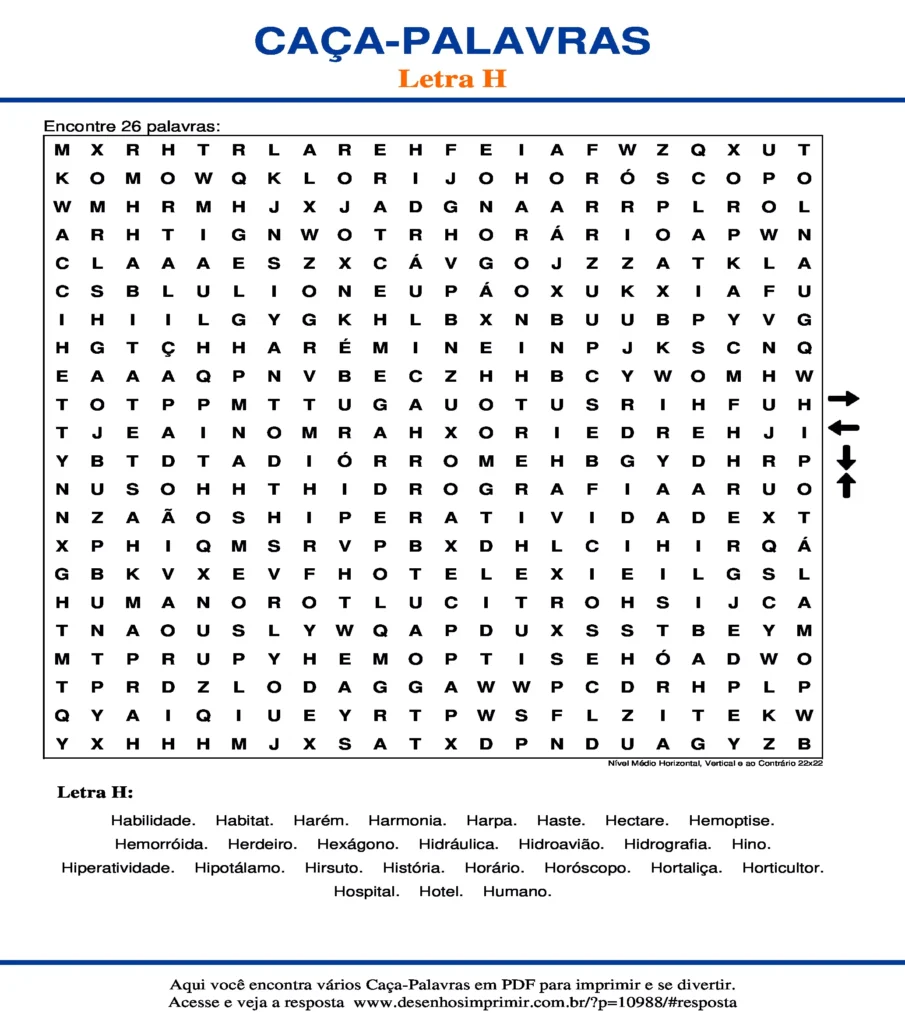 Letra H Nível Médio Horizontal, Vertical e ao Contrário 22x22 caça palavras Caça Palavras da Letra H Nível Médio Horizontal, Vertical e ao Contrário 22x22 para imprimir