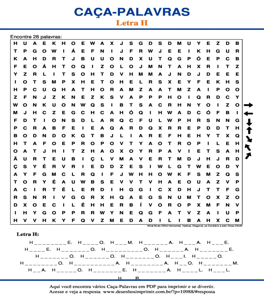 Letra H Nível Muito Difícil Horizontal, Vertical, Diagonal, ao Contrário e sem Dicas 24x24 caça palavras Caça Palavras da Letra H Nível Muito Difícil Horizontal, Vertical, Diagonal, ao Contrário e sem Dicas 24x24 para imprimir