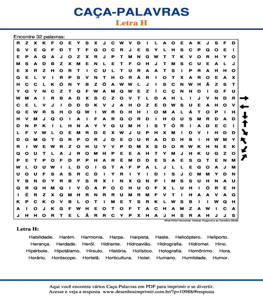 Letra H Nível Difícil Horizontal, Vertical, Diagonal e ao Contrário 26x26 caça palavras Caça Palavras da Letra H Nível Difícil Horizontal, Vertical, Diagonal e ao Contrário 26x26 para imprimir