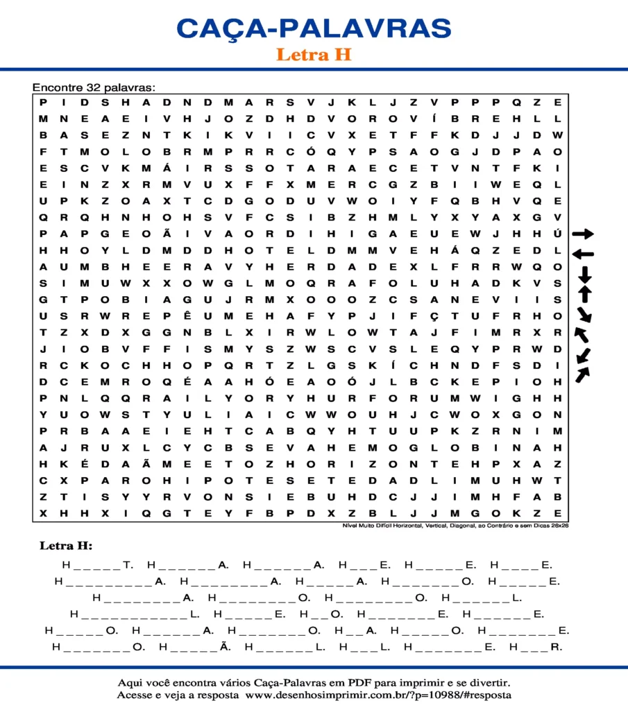 Letra H Nível Muito Difícil Horizontal, Vertical, Diagonal, ao Contrário e sem Dicas 26x26 caça palavras Caça Palavras da Letra H Nível Muito Difícil Horizontal, Vertical, Diagonal, ao Contrário e sem Dicas 26x26 para imprimir