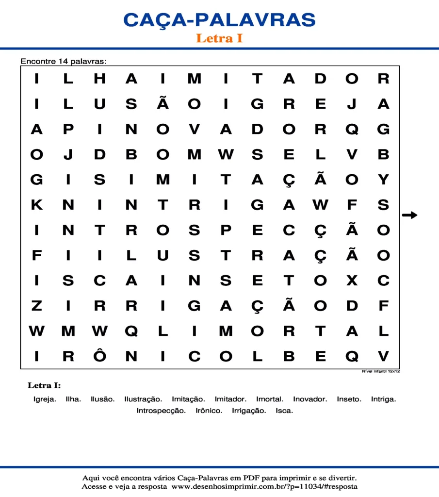 Letra I Nível Infantil 12x12 caça palavras Caça Palavras da Letra I Nível Infantil 12x12 para imprimir