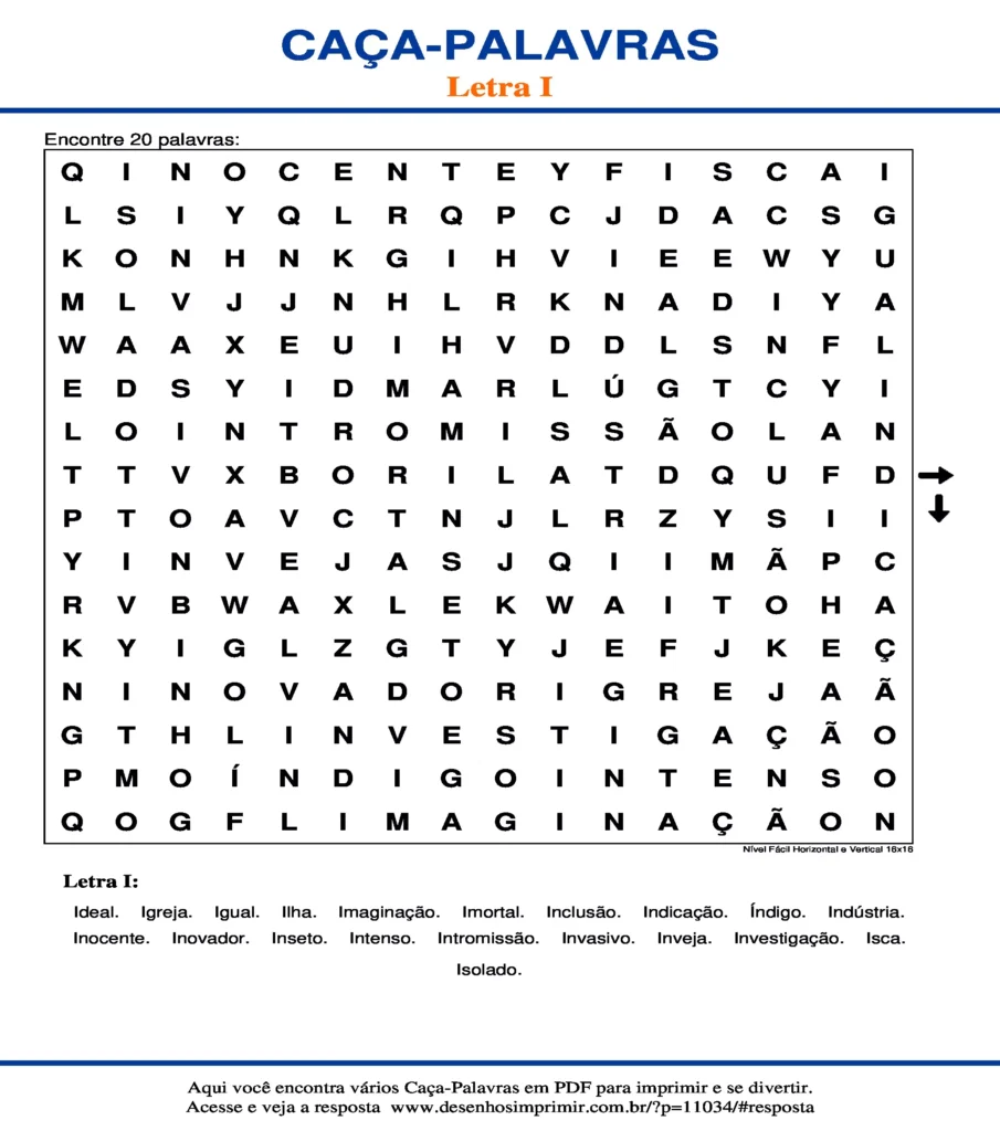 Letra I Nível Fácil Horizontal e Vertical 16x16 caça palavras Caça Palavras da Letra I Nível Fácil Horizontal e Vertical 16x16 para imprimir