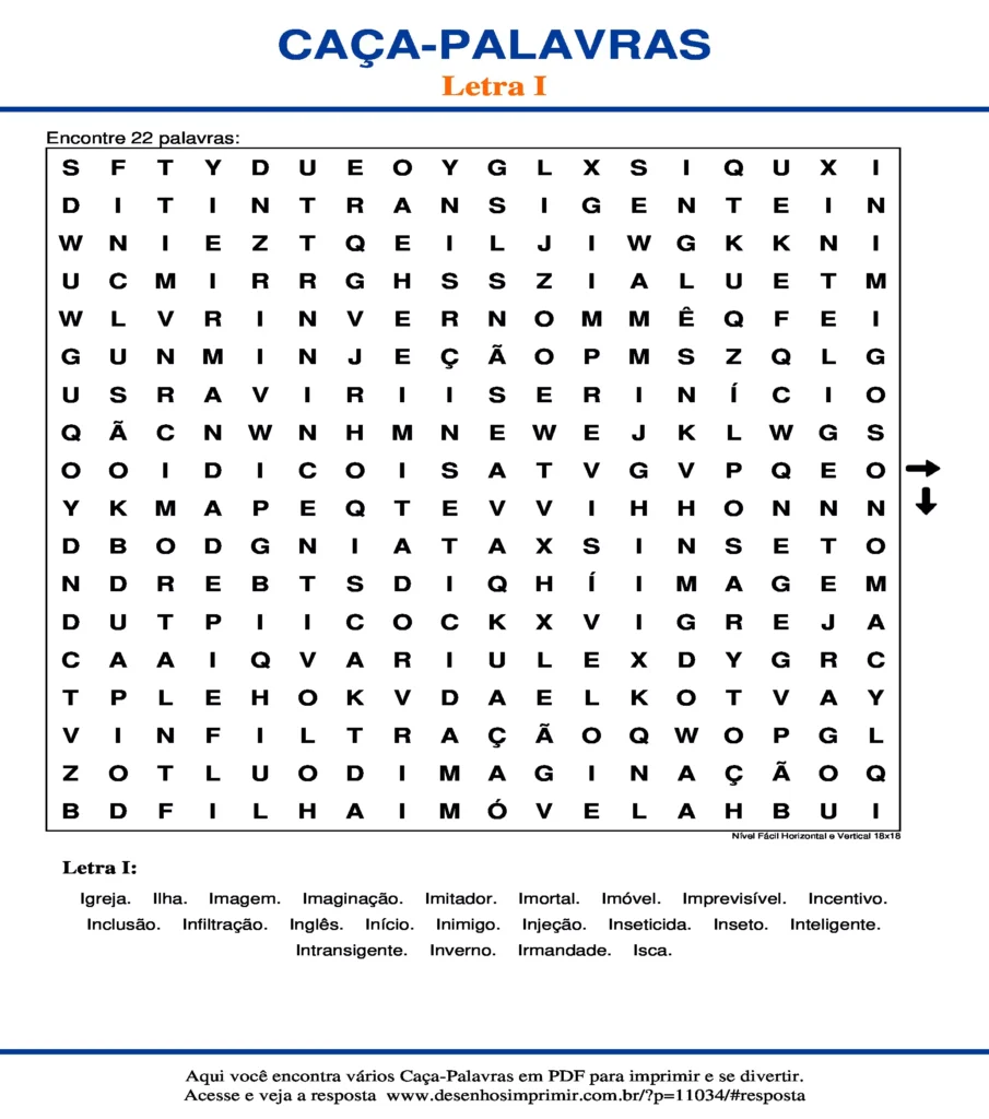 Letra I Nível Fácil Horizontal e Vertical 18x18 caça palavras Caça Palavras da Letra I Nível Fácil Horizontal e Vertical 18x18 para imprimir