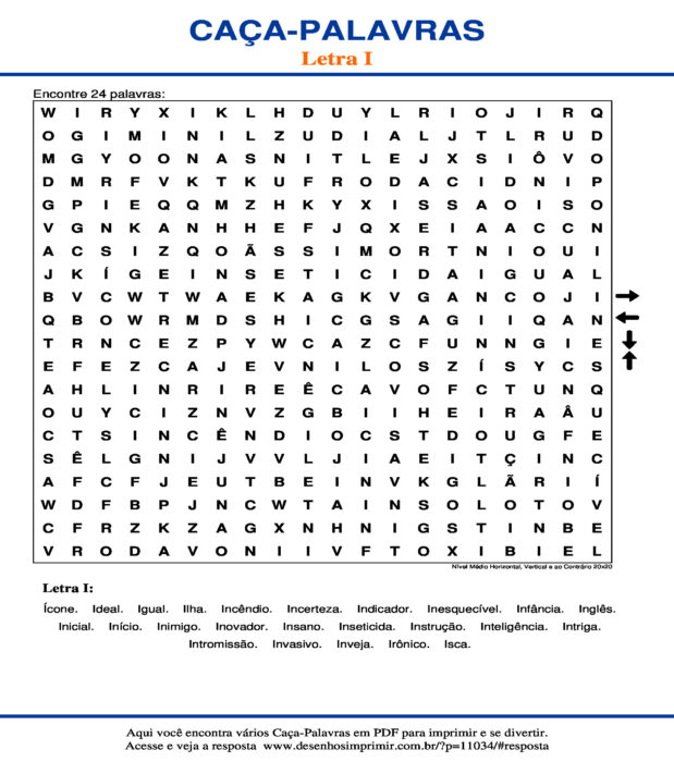 Caça Palavras da Letra I Nível Médio Horizontal, Vertical e ao Contrário 20x20 para imprimir