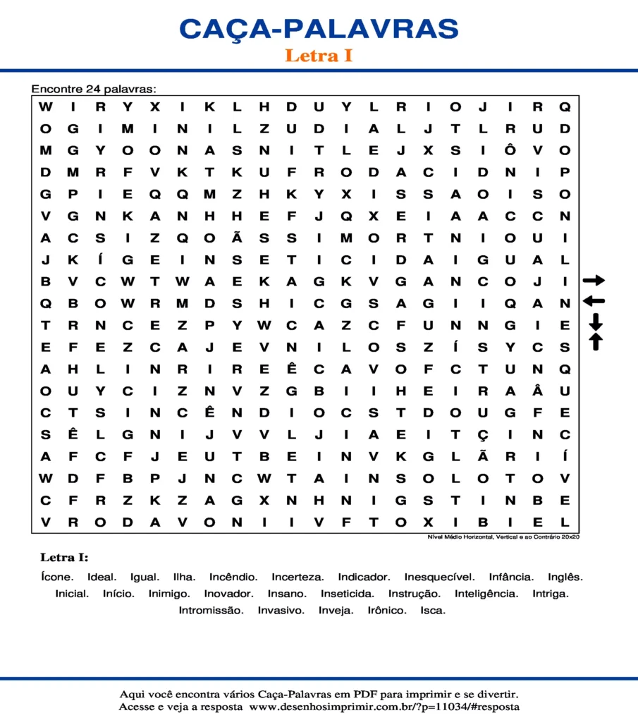 Letra I Nível Médio Horizontal, Vertical e ao Contrário 20x20 caça palavras Caça Palavras da Letra I Nível Médio Horizontal, Vertical e ao Contrário 20x20 para imprimir