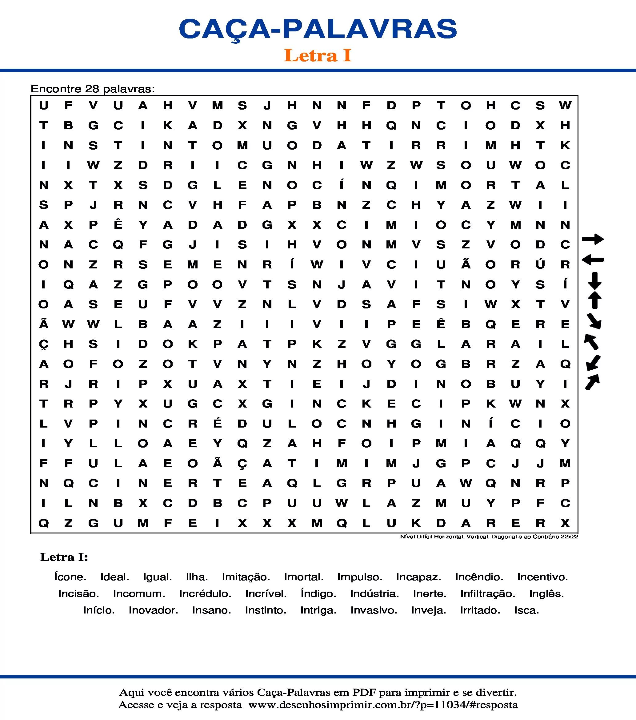 Caça Palavras Nível Difícil Horizontal, Vertical, Diagonal e ao Contrário 22x22