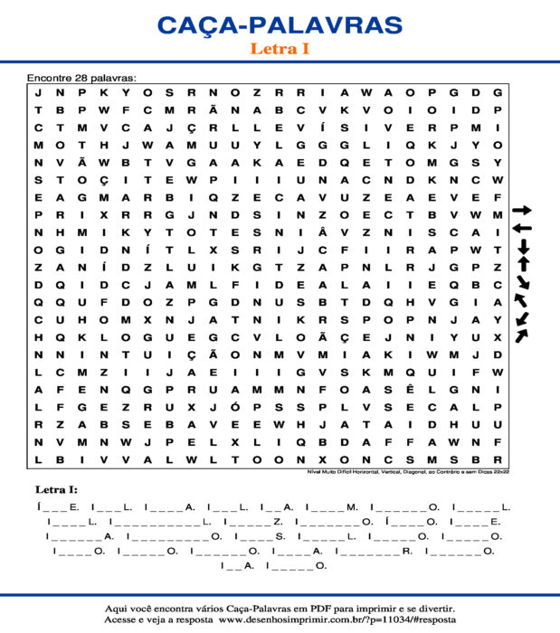 Caça Palavras da Letra I Nível Muito Difícil Horizontal, Vertical, Diagonal, ao Contrário e sem Dicas 22x22 para imprimir