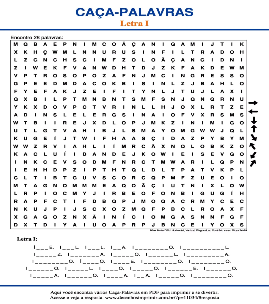 Letra I Nível Muito Difícil Horizontal, Vertical, Diagonal, ao Contrário e sem Dicas 24x24 caça palavras Caça Palavras da Letra I Nível Muito Difícil Horizontal, Vertical, Diagonal, ao Contrário e sem Dicas 24x24 para imprimir