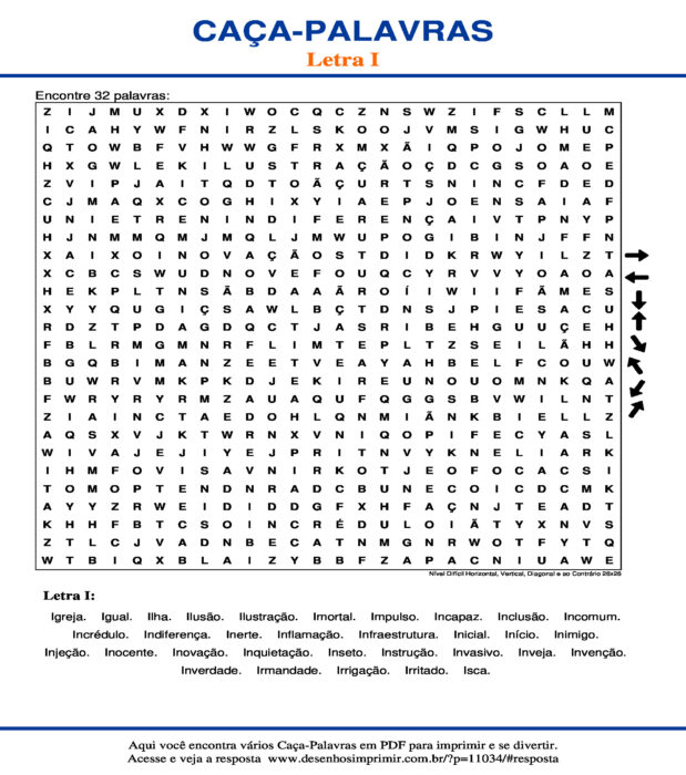 Caça Palavras da Letra I Nível Difícil Horizontal, Vertical, Diagonal e ao Contrário 26x26 para imprimir