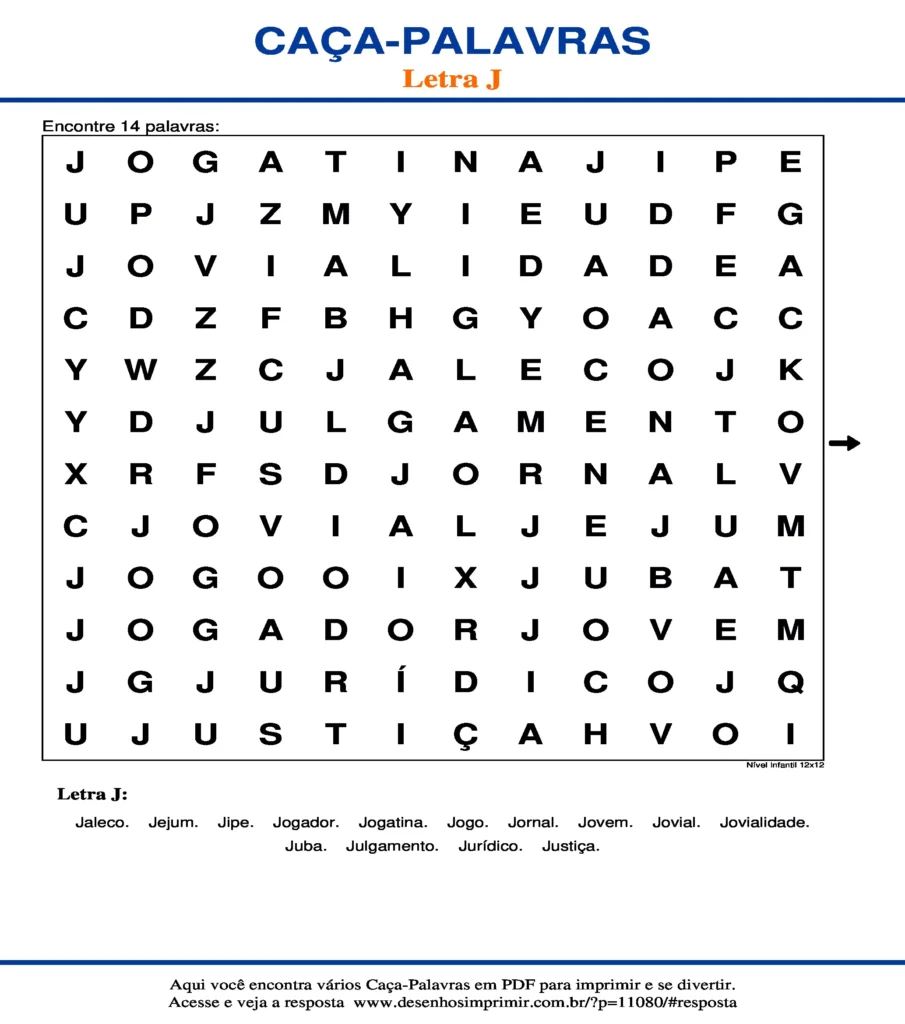 Letra J Nível Infantil 12x12 caça palavras Caça Palavras da Letra J Nível Infantil 12x12 para imprimir