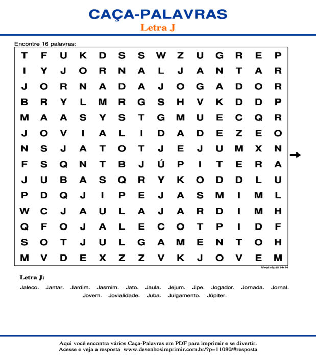 Caça Palavras da Letra J Nível Infantil 14x14 para imprimir