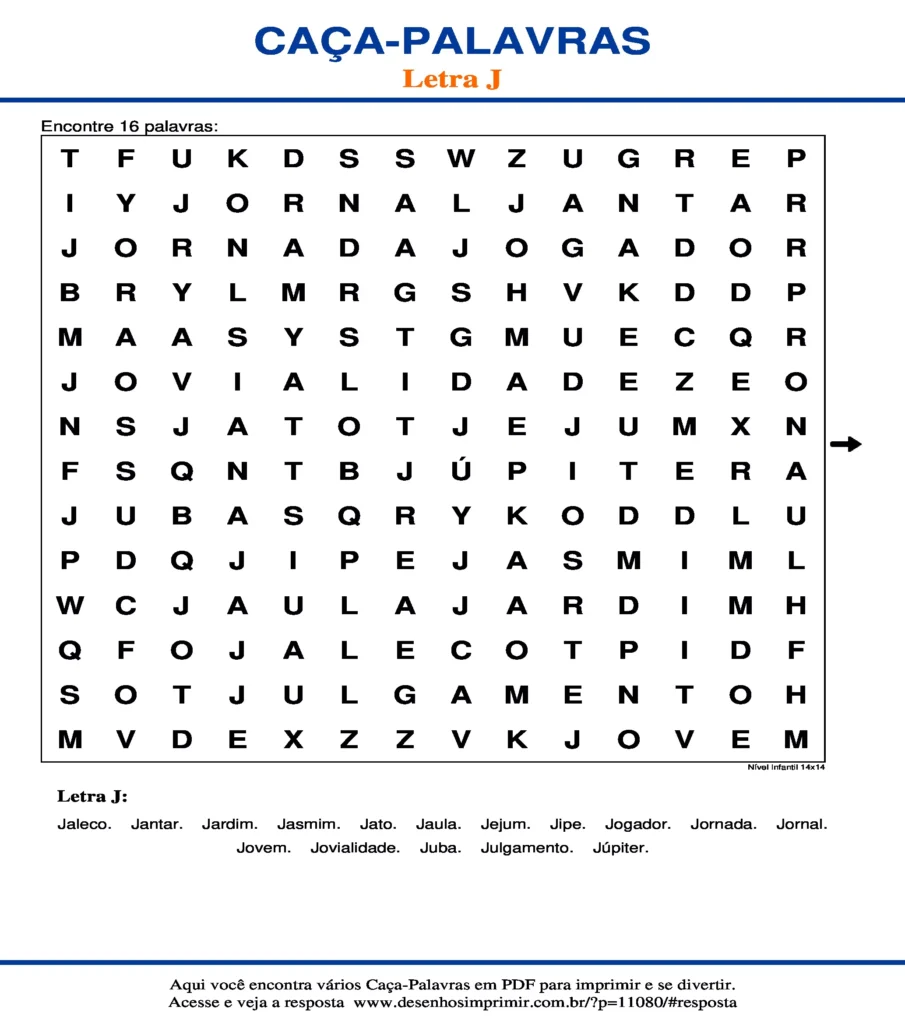 Letra J Nível Infantil 14x14 caça palavras Caça Palavras da Letra J Nível Infantil 14x14 para imprimir