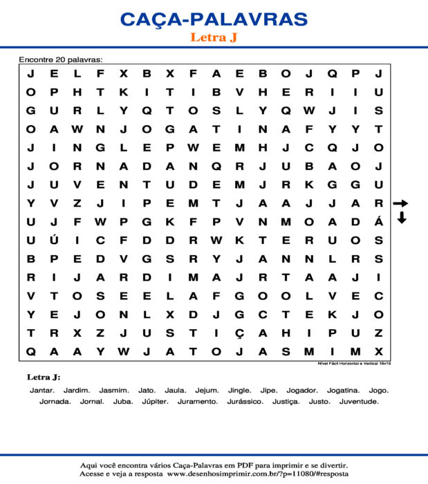 Caça Palavras da Letra J Nível Fácil Horizontal e Vertical 16x16 para imprimir