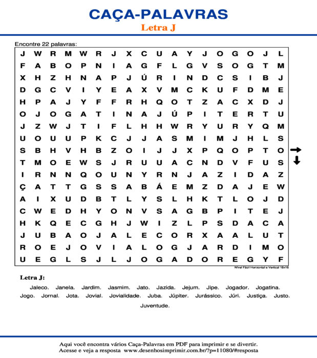 Caça Palavras da Letra J Nível Fácil Horizontal e Vertical 18x18 para imprimir