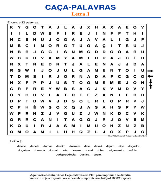 Caça Palavras da Letra J Nível Médio Horizontal, Vertical e ao Contrário 18x18 para imprimir