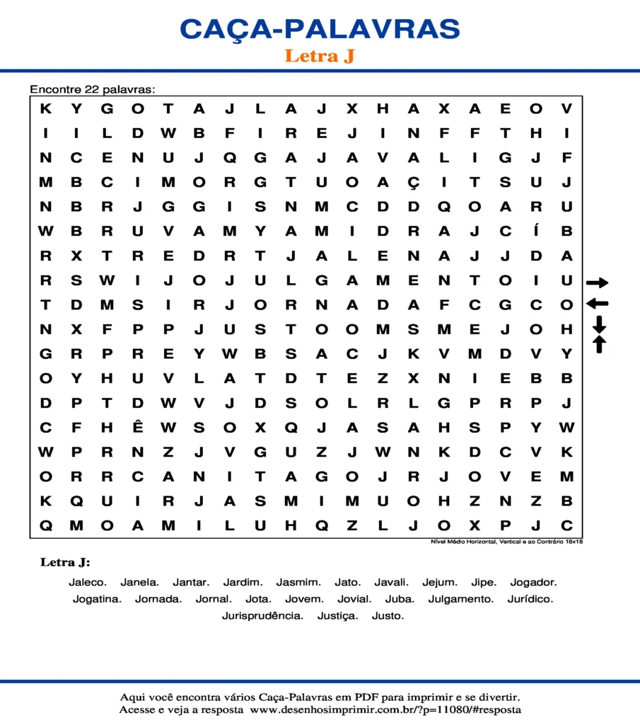 Letra J Nível Médio Horizontal, Vertical e ao Contrário 18x18 caça palavras Caça Palavras da Letra J Nível Médio Horizontal, Vertical e ao Contrário 18x18 para imprimir