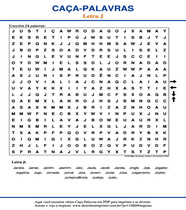 Caça Palavras da Letra J Nível Médio Horizontal, Vertical e ao Contrário 20x20 para imprimir