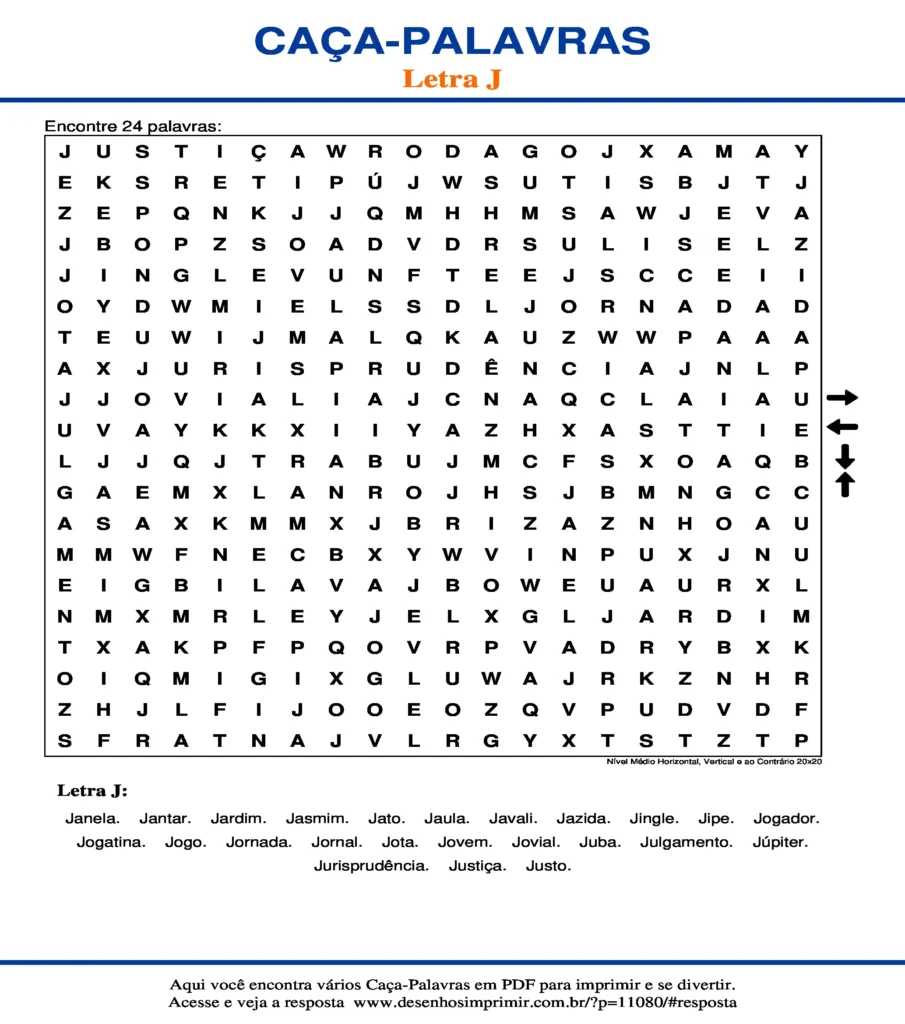 Letra J Nível Médio Horizontal, Vertical e ao Contrário 20x20 caça palavras Caça Palavras da Letra J Nível Médio Horizontal, Vertical e ao Contrário 20x20 para imprimir