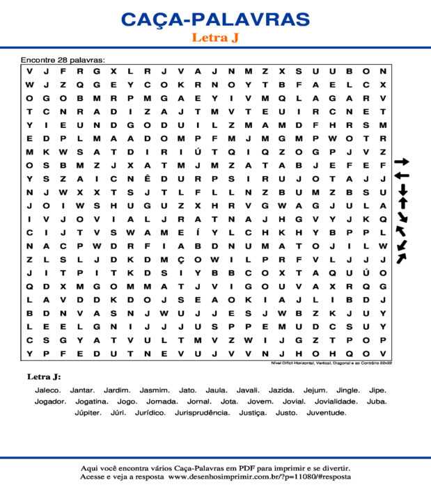 Caça Palavras da Letra J Nível Difícil Horizontal, Vertical, Diagonal e ao Contrário 22x22 para imprimir
