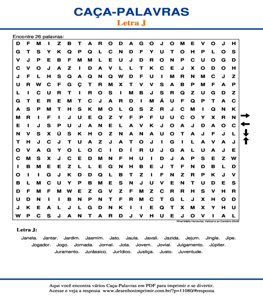 Letra J Nível Médio Horizontal, Vertical e ao Contrário 22x22 caça palavras Caça Palavras da Letra J Nível Médio Horizontal, Vertical e ao Contrário 22x22 para imprimir