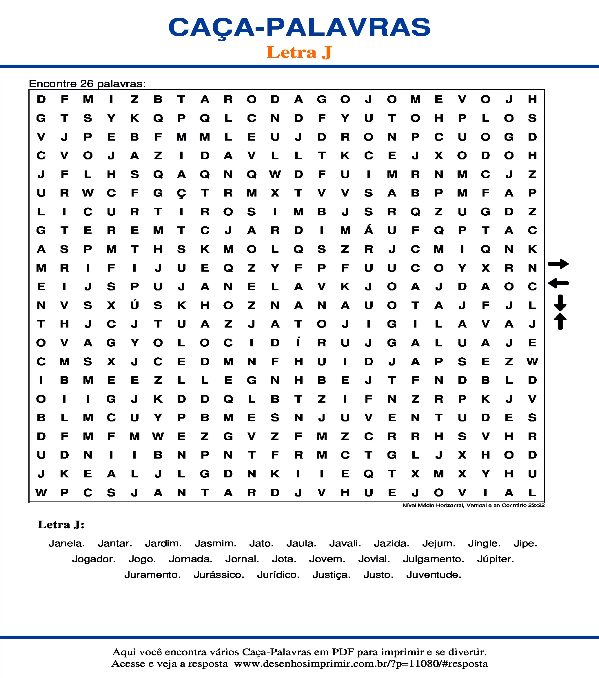Caça Palavras Nível Médio Horizontal, Vertical e ao Contrário 22x22
