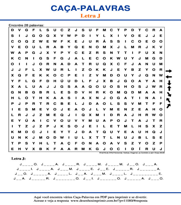 Caça Palavras da Letra J Nível Muito Difícil Horizontal, Vertical, Diagonal, ao Contrário e sem Dicas 22x22 para imprimir