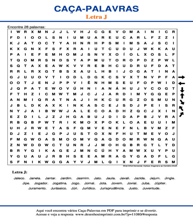 Caça Palavras da Letra J Nível Difícil Horizontal, Vertical, Diagonal e ao Contrário 24x24 para imprimir