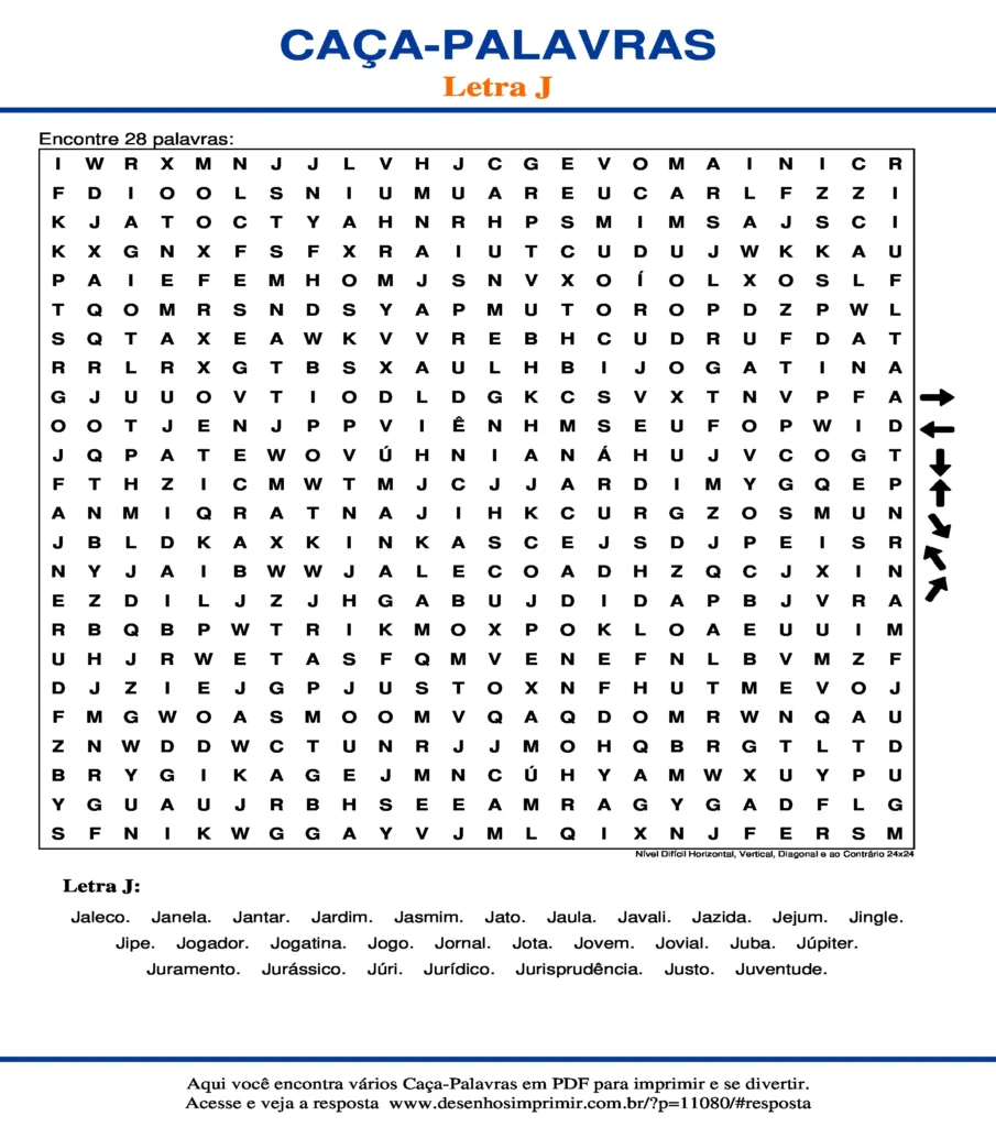 Letra J Nível Difícil Horizontal, Vertical, Diagonal e ao Contrário 24x24 caça palavras Caça Palavras da Letra J Nível Difícil Horizontal, Vertical, Diagonal e ao Contrário 24x24 para imprimir