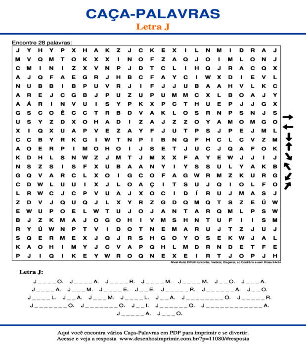 Caça Palavras da Letra J Nível Muito Difícil Horizontal, Vertical, Diagonal, ao Contrário e sem Dicas 24x24 para imprimir