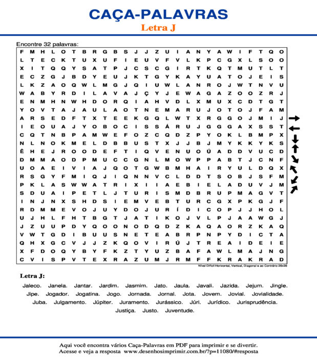 Caça Palavras da Letra J Nível Difícil Horizontal, Vertical, Diagonal e ao Contrário 26x26 para imprimir