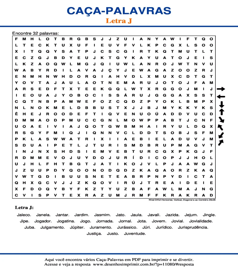 Letra J Nível Difícil Horizontal, Vertical, Diagonal e ao Contrário 26x26 caça palavras Caça Palavras da Letra J Nível Difícil Horizontal, Vertical, Diagonal e ao Contrário 26x26 para imprimir