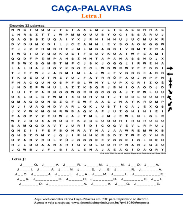 Caça Palavras da Letra J Nível Muito Difícil Horizontal, Vertical, Diagonal, ao Contrário e sem Dicas 26x26 para imprimir
