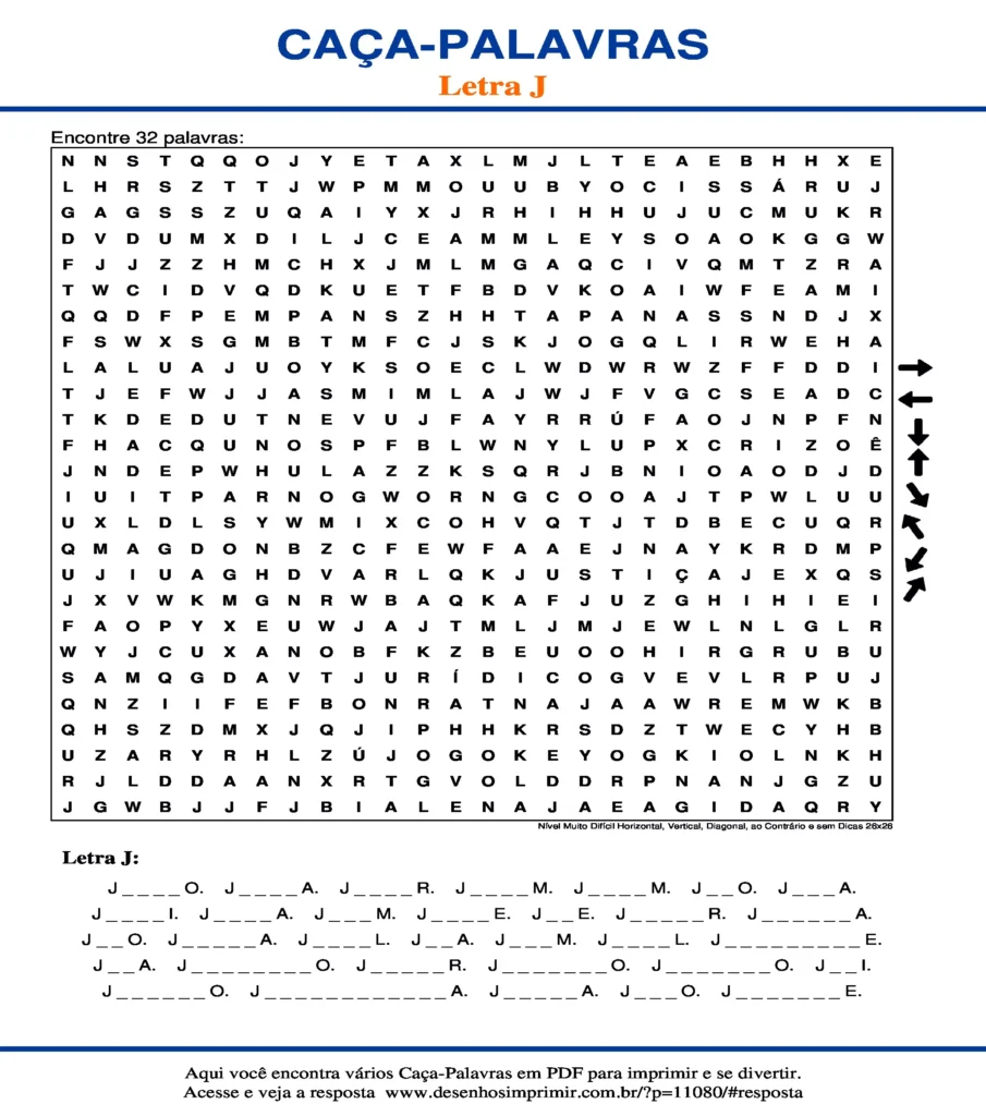 Letra J Nível Muito Difícil Horizontal, Vertical, Diagonal, ao Contrário e sem Dicas 26x26 caça palavras Caça Palavras da Letra J Nível Muito Difícil Horizontal, Vertical, Diagonal, ao Contrário e sem Dicas 26x26 para imprimir
