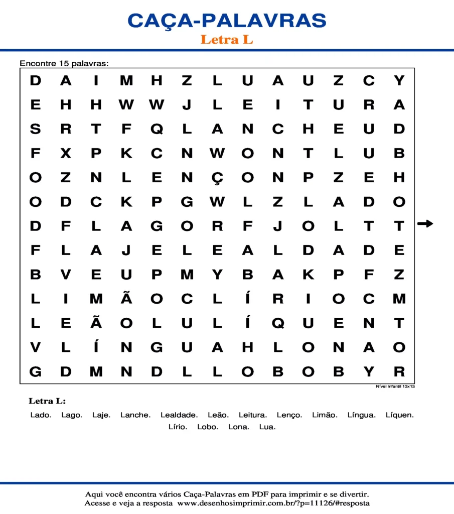 Letra L Nível Infantil 13x13 caça palavras Caça Palavras da Letra L Nível Infantil 13x13 para imprimir